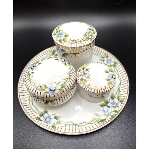 Nippon Japan Vanity Grooming Trinket Lidded Jars Set of 3 w/ Under Plate Antique - Picture 1 of 12